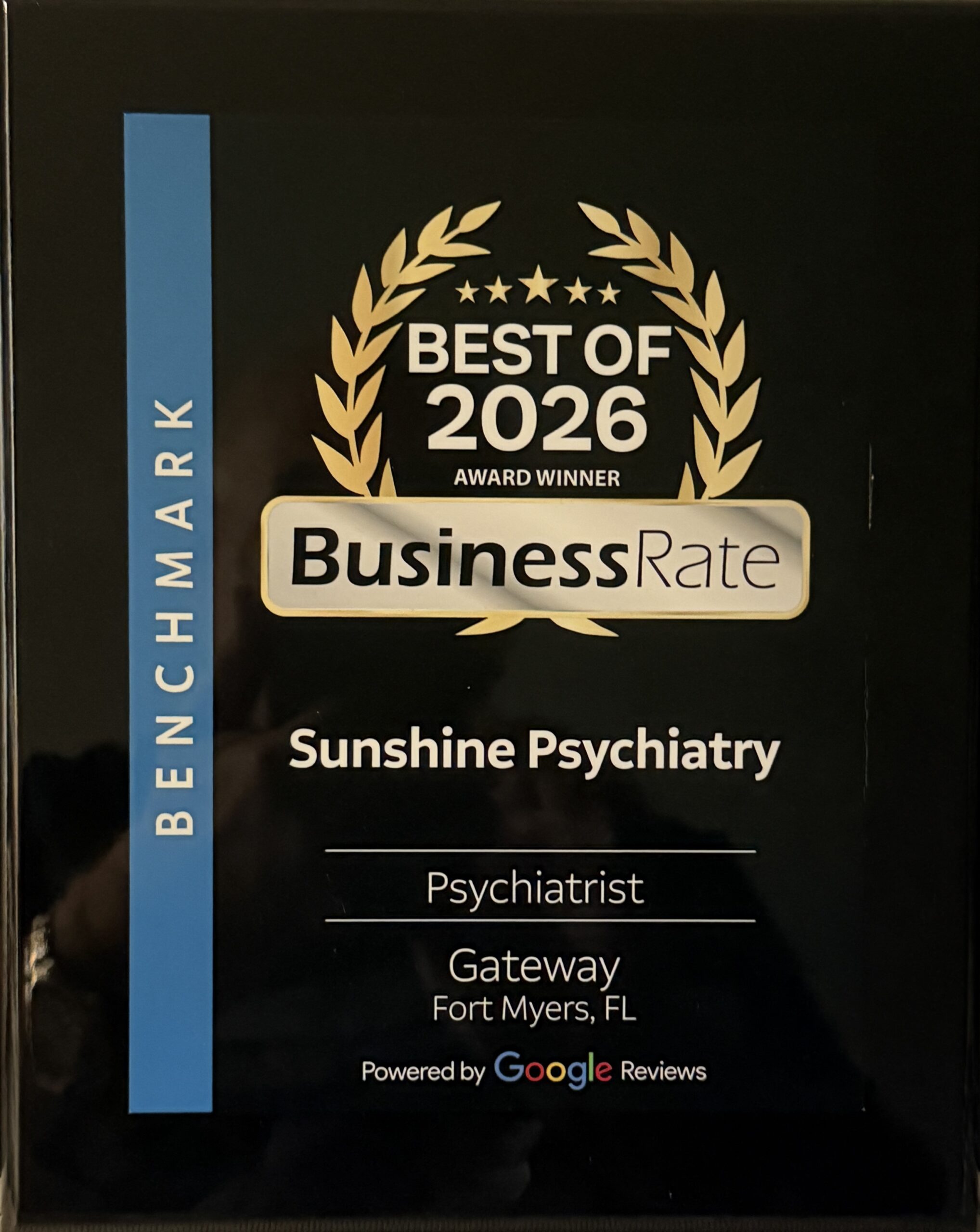 BusinessRate Best of 2026 award plaque for Sunshine Psychiatry