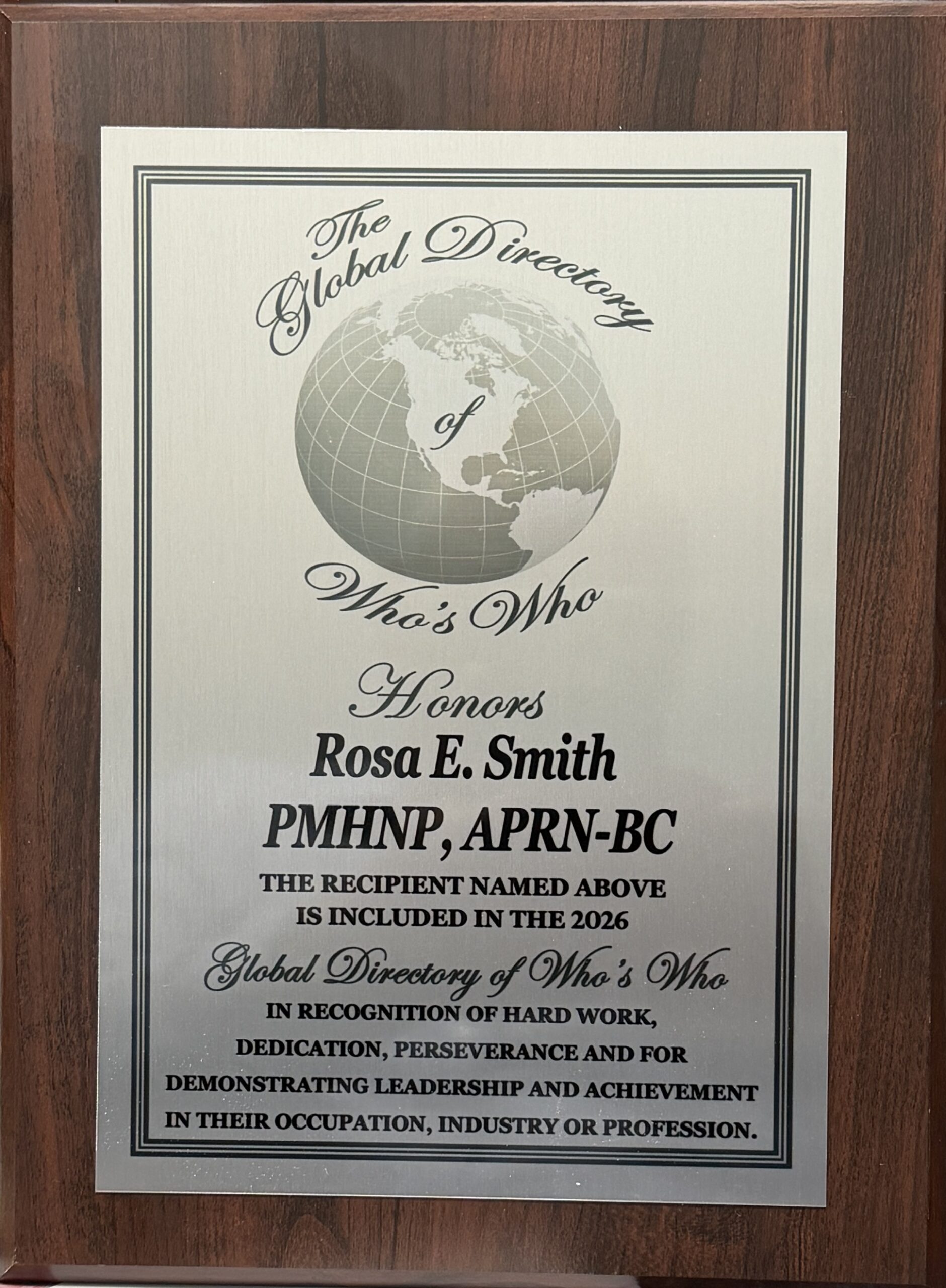 Global Directory of Who's Who award recognizing Rosa E. Smith of Sunshine Psychiatry